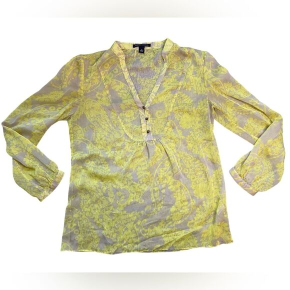 Banana Republic Tan and Yellow Floral Paisley Sheer V-Neck Blouse - Picture 1 of 8